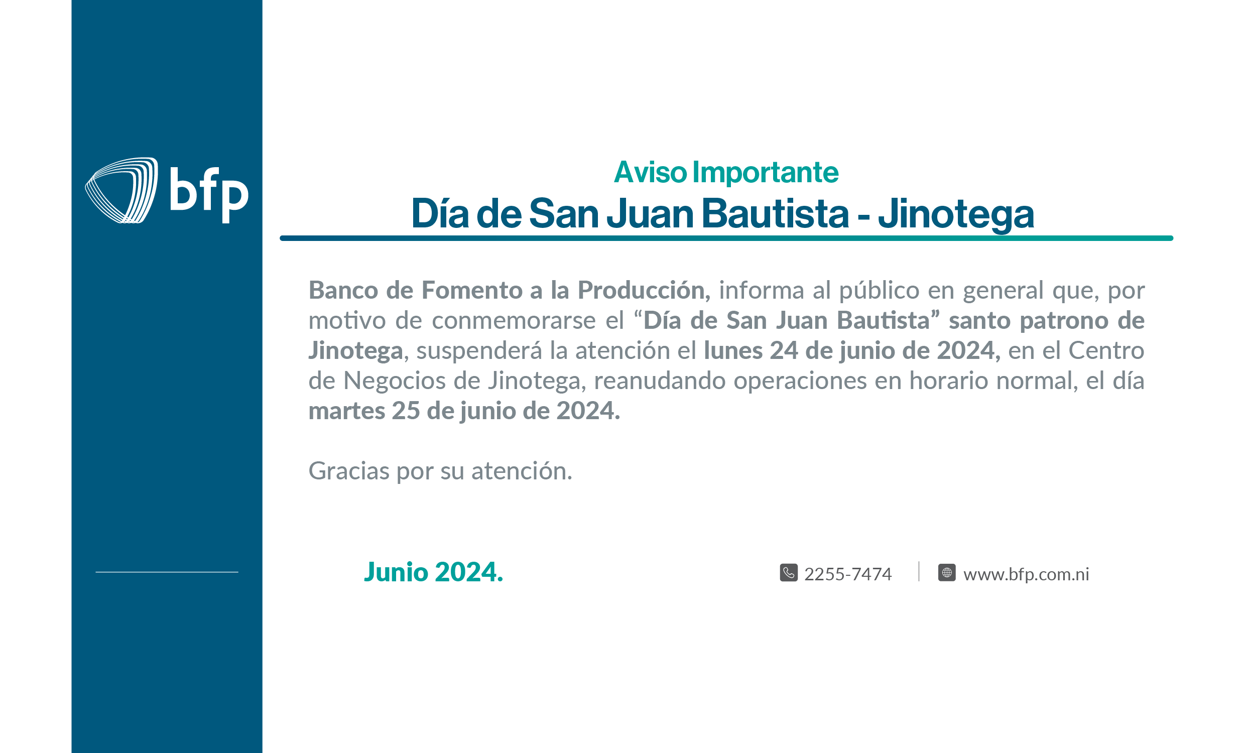 Horario de atención Día de San Juan Bautista 2024 - Jinotega